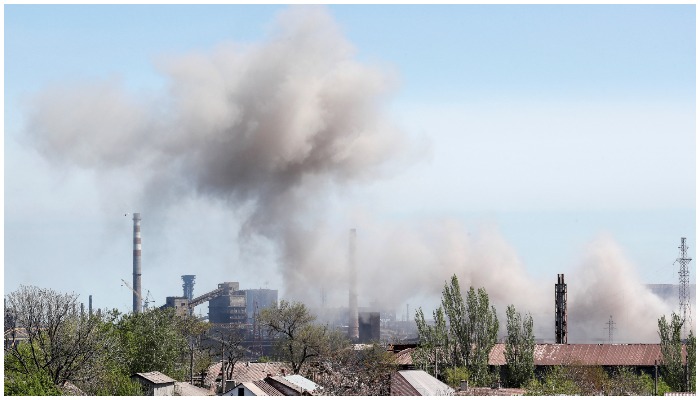 Smoke rises above a plant of Azovstal Iron and Steel Works during Ukraine-Russia conflict in the southern port city of Mariupol, Ukraine May 8, 2022. — Reuters
