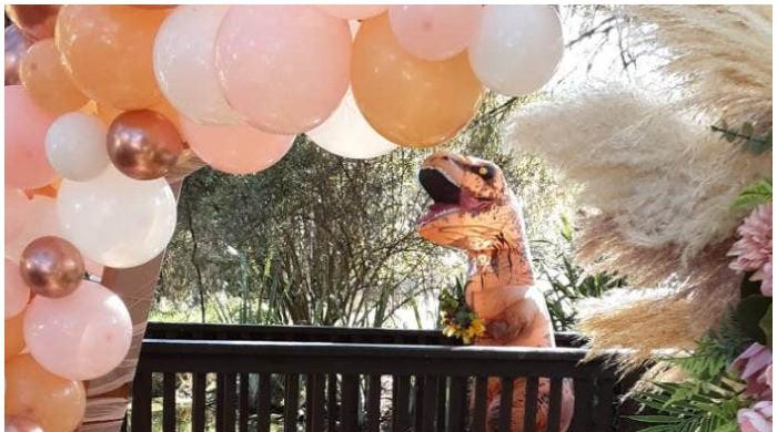 Bride creases up groom, guests by walking down aisle in T-rex costume