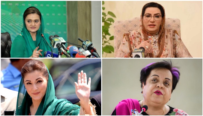 (From upper left) Information Minister Marriyum Aurangzeb, former minister for population welfare Firdous Ashiq Awan, PML-N Vice-President Maryam Nawaz and former minister for human rights Shireen Mazari. — APP/AFP