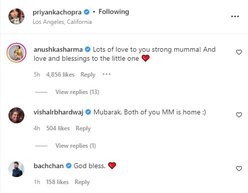 Anushka Sharma, Sonam Kapoor send love to Priyanka as she shares first pic of her baby