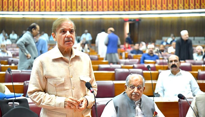 Prime Minister Shehbaz Sharif speaks on the floor of the National Assembly in Islamabad, on May 9, 2022. — National Assembly of Pakistan