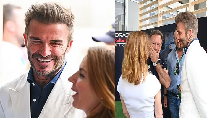 David Beckham flashes big smile to Spice Girls Geri Horner: see pics