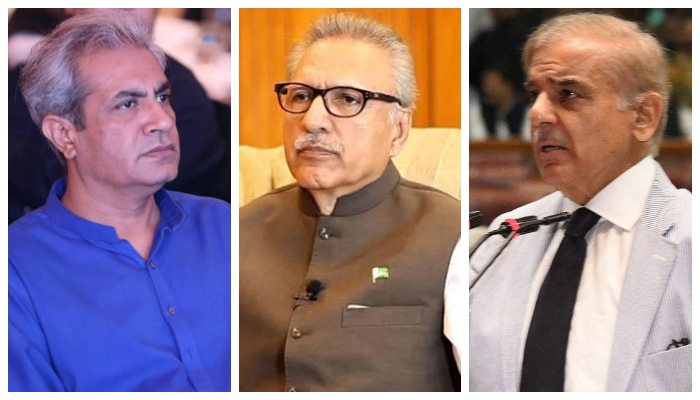 (L to R) Governor PunjabOmar Sarfaraz Cheema,President Arif Alvi, andPrime Minister Shehbaz Sharif. — PID/Reuters/File