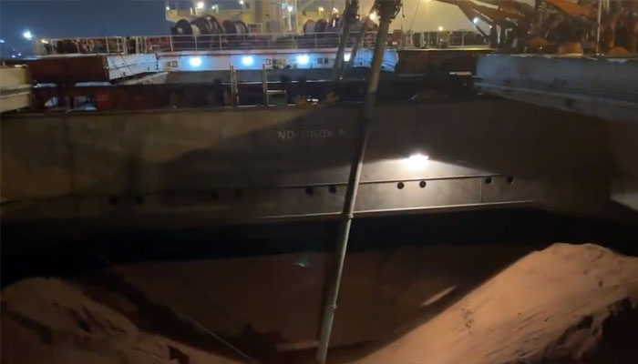 Screeb grab of a ship docked at KPT. Photo— Faisal Subzwari Twitter