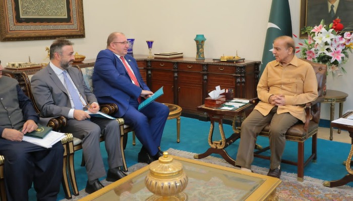 Prime Minister Shehbaz Sharif (R) with Vice-President for South Asia Region World Bank Hartwig Schafer (L). — APP