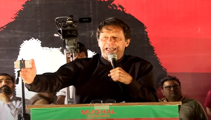 PTI Chairman Imran Khan addressing a jalsa in Jhelum, on May 10, 2022. — YouTube/PTI