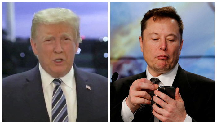 Ex-US president Donald Trump speaks at the White House after returning from hospitalization at the Walter Reed Medical Center for coronavirus disease (COVID-19) treatment, in Washington, October 5, 2020 (left) and Elon Musk looks at his mobile phone in Cape Canaveral, Florida, US January 19, 2020. — Reuters