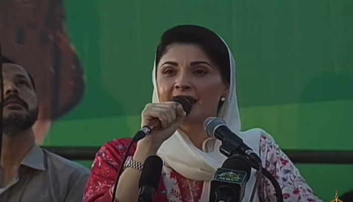 PML-N Vice-President Maryam Nawaz speaking during a jalsa in Swabi.  — YouTube/ PTV News Live