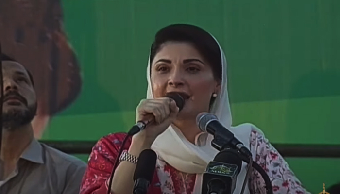 PML-N Vice-President Maryam Nawaz speaking during a jalsa in Swabi. — YouTube/ PTV News Live