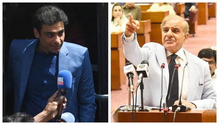 Hamza Shehbaz, son of Prime Minister Shahbaz Sharif, arrives at the provincial assembly before his election as Chief Minister of Punjab in Lahore on April 16, 2022 (left) and Prime Minister Shehbaz Sharif speaks after winning a parliamentary vote to elect a new prime minister , at the national assembly, in Islamabad, on April 11, 2022. — AFP/PID/File