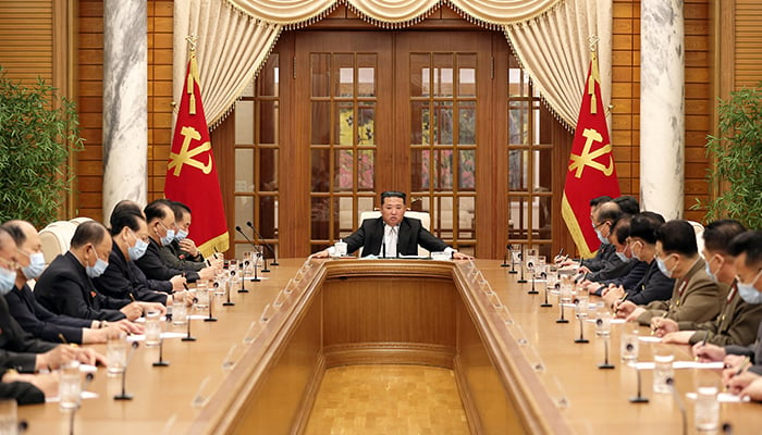 North Korean leader Kim Jong Un chairs a Workers Party meeting on coronavirus disease (COVID-19) outbreak response in this undated photo released by North Korea's Korean Central News Agency (KCNA) on May 12, 2022. — Reuters