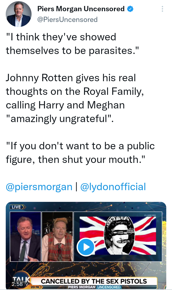 Johnny Rotten calls Meghan Markle and Prince Harry parasites