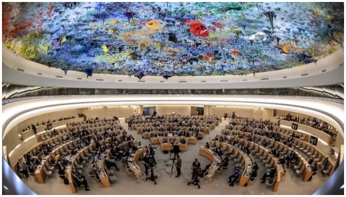 A general view of the room hosting a special session of the UN Human Rights Council on Ukraine, in Geneva, on May 12, 2022. — AFP