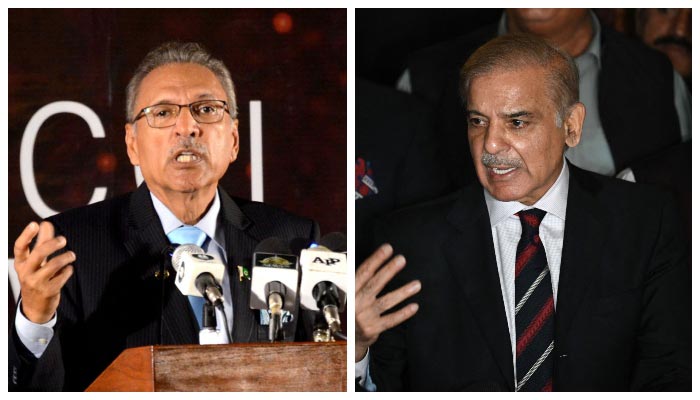 (R to L) Prime Minister Shehbaz Sharif speaks in Islamabad on April 7, 2022, after a Supreme Court verdict (and) President Dr Arif Alvi addressing the Federation of Pakistan Chambers of Commerce and Industry (FPCCI) 9th Achievement Awards Ceremony at Federation House in Karachi, on March 26, 2022. — AFP/APP