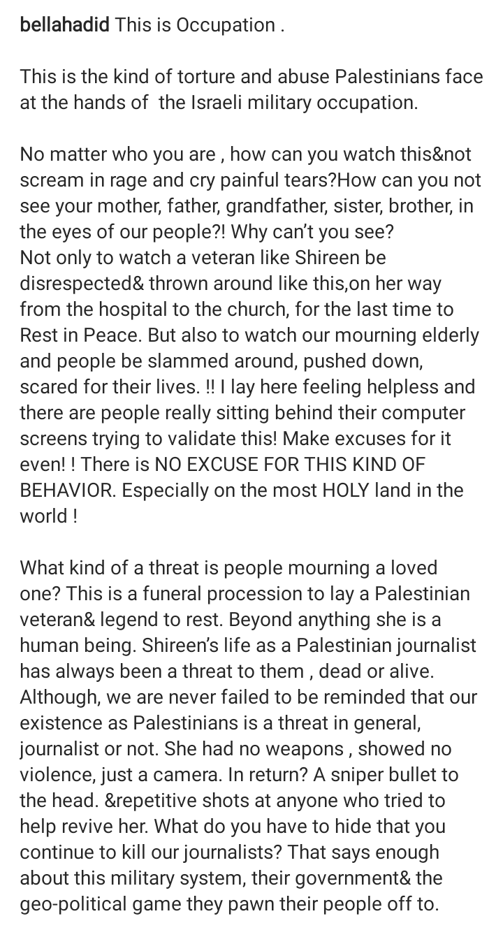 Bella Hadid condemns Israel for attacking Shireen Abu Aklehs funeral