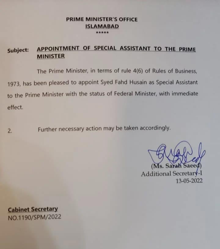 The notification issued for his appointment. — Twitter