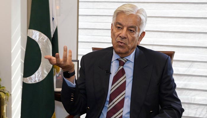 Defence Minister and PML-N leader Khawaja Asif speaking to BBC Urdu during an interview in Islamabad in this undated photo. —Twitter/@FarhatJavedR/File