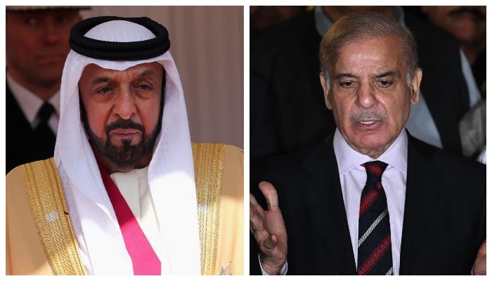 The United Arab Emirates President Sheikh Khalifa bin Zayed al-Nahayan stands on the dais during a ceremonial welcome at Windsor Castle, in Windsor, southern England, on April 30, 2013 (left) and Prime Minister Shehbaz Sharif speaks in Islamabad on April 7, 2022, after a Supreme Court verdict. — Reuters/AFP