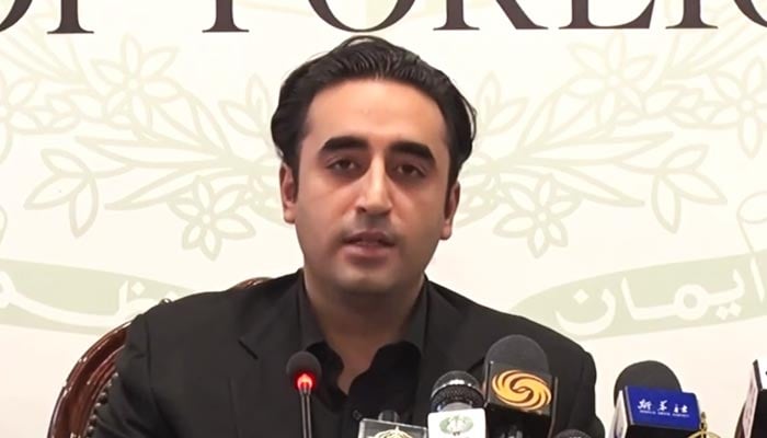 Foreign Minister Bilawal Bhutto-Zardari addressing a press conference in Islamabad at the Ministry of Foreign Affairs, on May 14, 2022. — Twitter/PPP
