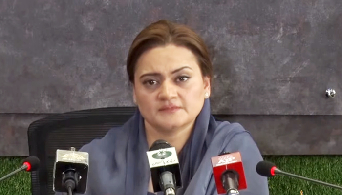 Information Minister Marriyum Aurangzeb addressing a press conference in Islamabad, on May 14, 2022. — YouTube/PTV