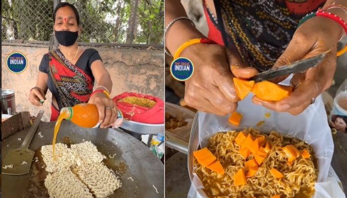 Woman cooks Mango Maggi.—Screengrab via Instagram/@thegreatindianfoodie