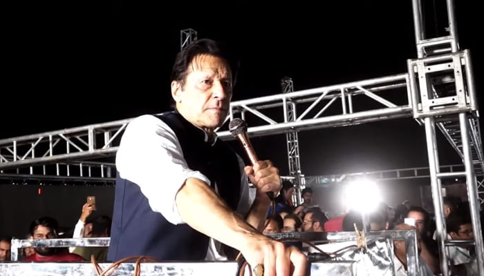 Ex-prime minister and PTI chairman Imran Khan addressing a party rally in Sialkot, on May 14, 2022. — YouTube/PTI