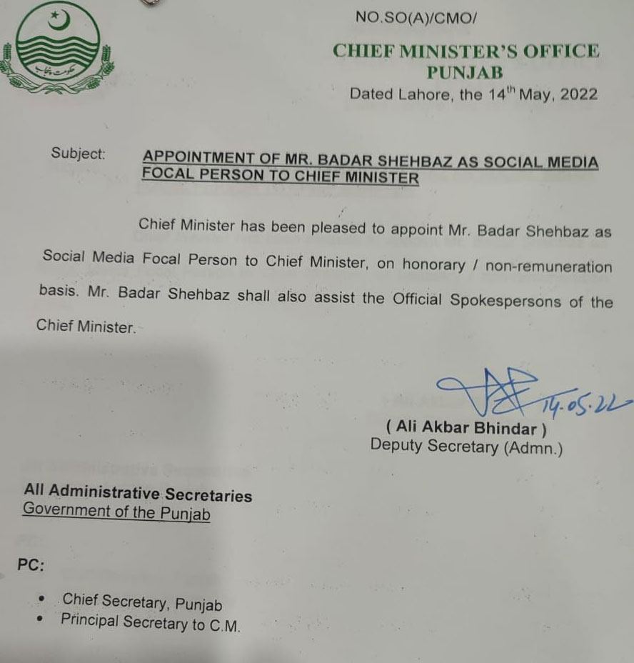 Badar Shahbaz appointed social media focal person to Punjab CM