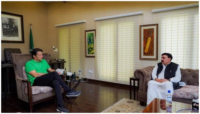 Former prime minister and PTI Chairman Imran Khan during a meeting with ex-interior minister Sheikh Rasheed Ahmed at Bani Gala on May 11, 2022. — Twitter/@ShkhRasheed