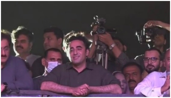 PPP Chairman Bilawal Bhutto-Zardari addresses his party supporters in Karachi. — Screengrab via YouTube/ Geo News Live