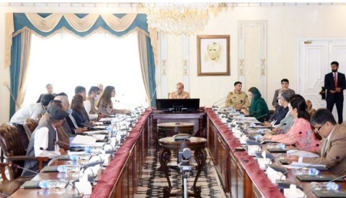 PM Shehbaz Sharif chairing a high-level emergency meeting on the recent heatwave. — AFP