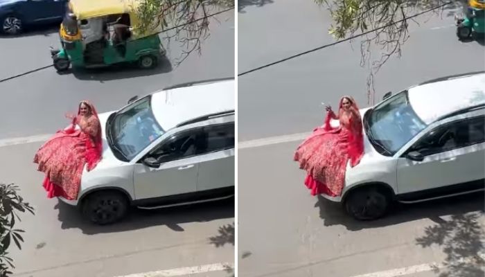 Bride sits on the bonnet of a car with a viral audio playing in the background and proposes to her husband-to-be.—Screengrab via Instagram/Leena Bhushan