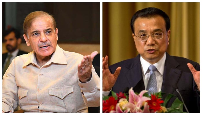 Prime Minister Shehbaz Sharif chairing a parliamentary party meeting of PML-N at Parliament House in Islamabad, on May 9, 2022 (left) and Chinese Premier Li Keqiang speaks at the 11th EU-China Business Summit at the Great Hall of the People in Beijing, on July 13, 2016. — APP/Reuters