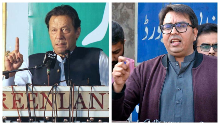 PTI Chairman Imran Khan addressing during South Punjab Workers Convention in Multan, on April 29, 2022 (left) and former special assistant to the prime minister on political communication Dr Shahbaz Gill speaks to journalists in Islamabad, on March 10, 2022. — APP