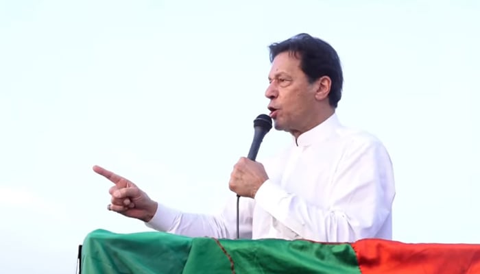 Former prime minister and PTI Chairman Imran Khan addresses a public gathering in Swabi. — Screengrab via YouTube/PTI official