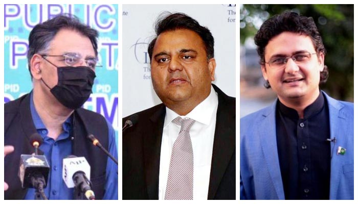 (L to R) Former federal minister and PTI Secretary-General Asad Umar, former information minister and PTI leader Fawad Chaudhry, and Senator Faisal Javed. — APP/PID/Facebook/File