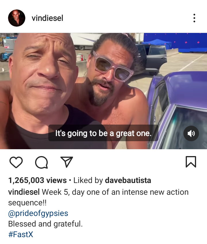 Over a million people react as Vin Diesel shares video with Jason Momoa from the sets of F10