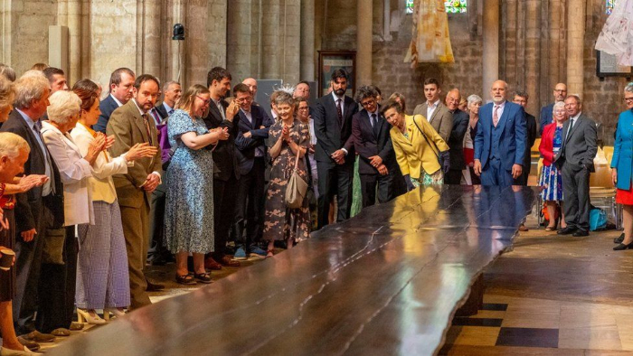 Princess Anne unveils table made from 5,000-year-old wood for Queen’s Jubilee