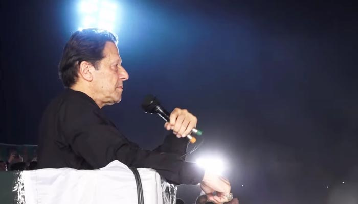 PTI Chairman and former prime minister Imran Khan addressing a public gathering in Gujranwala. — Screengrab via YouTube/ Hum News Live