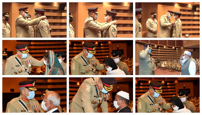 Chief of Army Staff (COAS) General Qamar Javed Bajwa confers awards on military personnel and hands over awards of martyred soldiers to their families at the GHQ in Rawalpindi, on May 18, 2022. — ISPR