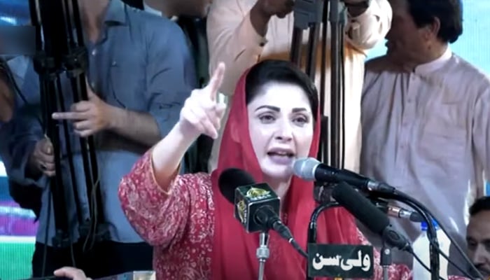 PML-N Vice President Maryam Nawaz addressing a jalsa in Sargodha, on May 19, 2022. — YouTube/PTV