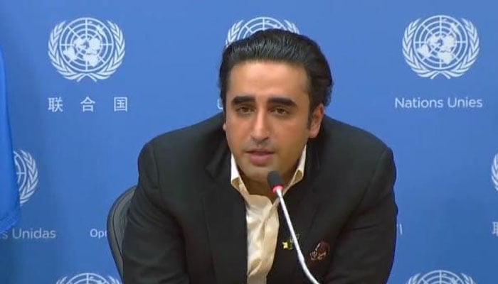 Foreign Minister Bilawal Bhutto speaking during a press conference in New York. Photo: Permanent Mission of Pakistan to UN, NY Twitter