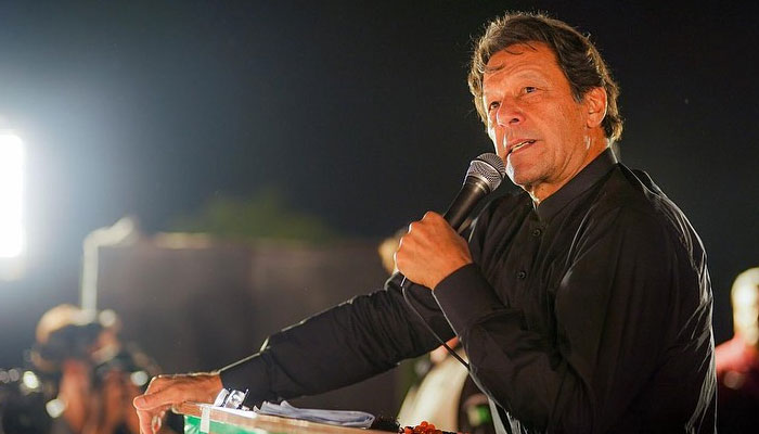 Former prime minister and PTI chairman Imran Khan addressing a public gathering in Jhelum. — Instagram/@imrankhan.pti