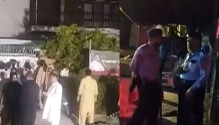 (Left) PTI workers protesting outside MNA Alamgir Khans residence in Karachi and police standing outside Bani Gala, Islamabad. — Geo News screen grab