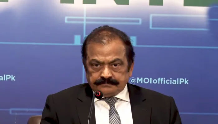Interior Minister Rana Sanaullah addresses a press conference at the Ministry of Interior in Islamabad, on April 22, 2022. — YouTube/ via PTV News Live