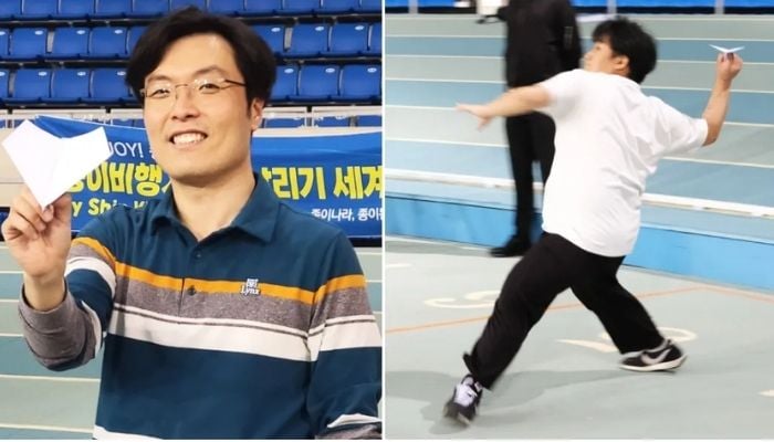 (left)Shin Moo Joon holding up the paper airplane, (right) Kim throwing the paper aircraft.—Guinness World Records