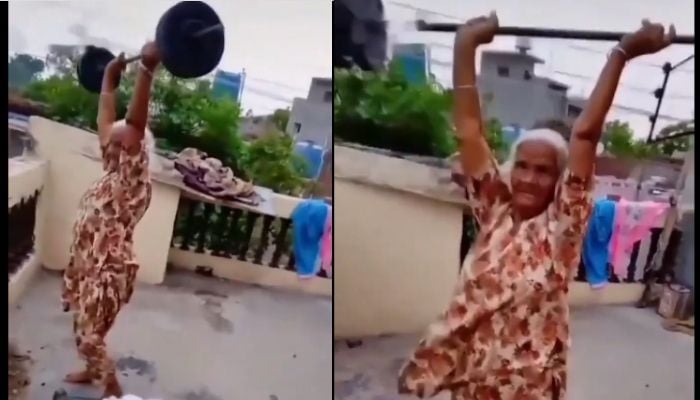 Grandmother effortlessly deadlifts a barbell with an ambitious expression on her face. — Screengrab via Iinsatgram/punjabi_indusrty_