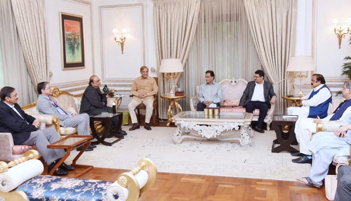 Prime Minister Shehbaz Sharif (centre right) and PPP Co-chairman Asif Ali Zardari (centre left) attend a meeting at the prime ministers residence in Lahore, on May 21, 2022. — Provided to Geo.tv