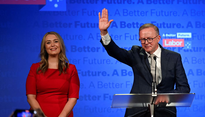 Anthony Albanese, leader of Australias Labor Party is accompanied by his partner Jodie Haydon while he addresses his supporters after incumbent Prime Minister and Liberal Party leader Scott Morrison conceded defeat in the countrys general election, in Sydney, Australia May 21, 2022. — Reuters