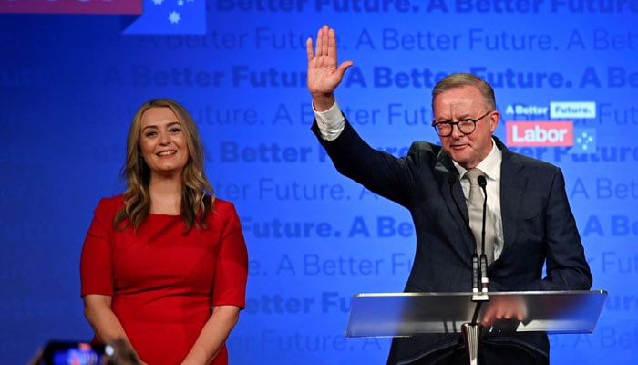 Anthony Albanese, leader of Australias Labor Party is accompanied by his partner Jodie Haydon while he addresses his supporters after incumbent Prime Minister and Liberal Party leader Scott Morrison conceded defeat in the countrys general election, in Sydney, Australia May 21, 2022. — Reuters