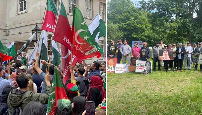 PTI workers protesting outside Avenfield (left) and PML-N workers staging a protest outside Jemima Goldsmith’s house in Richmond. Photo — Courtesy our correspondent